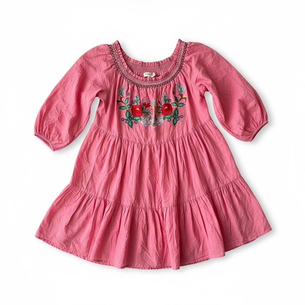 Umgee Pink Embroidered Tunic Dress L Boho Peasant Off Shoulder Tiered Floral